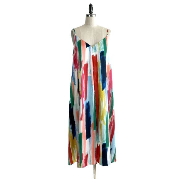 Milly Becca Dress Size Small Watercolor Brushstroke Print V-Neck Midi Sleeveless - Picture 4 of 11